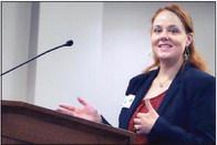 Cushing High School Science instructor Dr. Jessica Sigle presents the use of funds plan to the OAC members on Aug. 9. According to district officials, Sigle was the spearhead behind getting the OAC funding allowing the aeronautics elective to take off at Cushing High School.