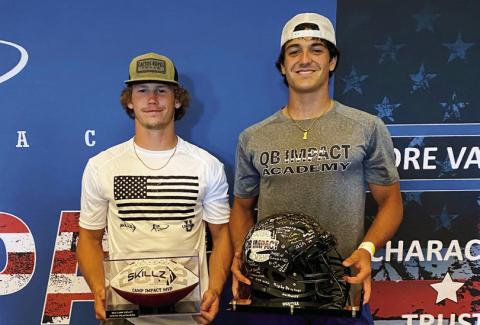 Camden Crooks and Blaze Berlowitz hold their MVP trophies at the QB Impact Academy football camp held at AT&amp;T Stadium in Arlignton, Texas.