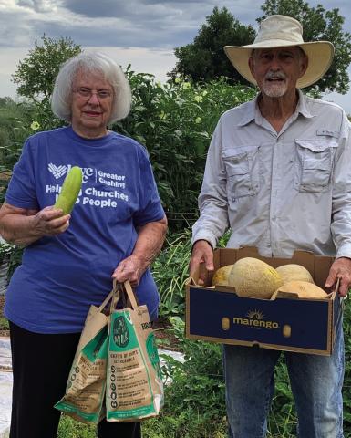Gary Detrich donates food from his garden to help stock the Love, Inc. food pantry which serves 35 to 40 individuals each week. Anyone who has produce or meat from their farms or any groceries is encouraged to donate to the food pantry. For more information, call 918 285-0057 and leave a message. Someone will call you back.