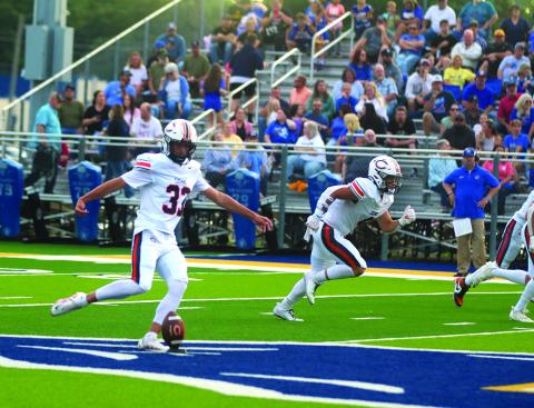 Landon Miller kicks off Cushing’s 2025 football season. The Tigers traveled to Berryhill Friday and eked out a 24-23 win. Story inside. Photo by Sylvia Danyele