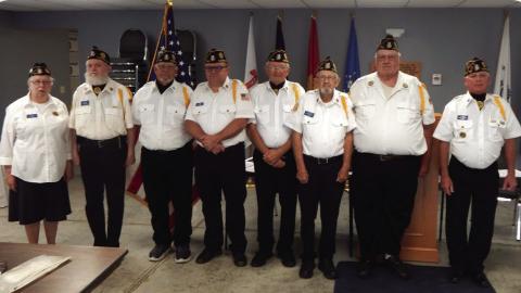 The American Legion Post 108 recently named new officers for the 2025-26 term. They are from left, Evelyn Ferchau, Historian; Delwyn Mayo, Chaplain; Tim Potter, Sergeant at Arms; Sean Martin, Adjutant; Don Tyson, Second Vice Commander; Robert Howell, Finance Officer; Leon Sullivan, Vice Commander and G. W. Davis, Commander.