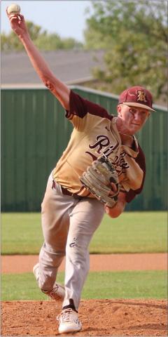Ripley Warrior Caden Hood winds up from the mound at the OSSAA Class-A district tournament game against the Glencoe Panthers. The Warriors beat Glencoe 11-0.