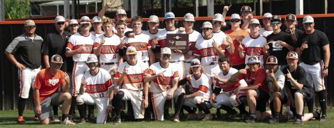 Cushing Tigers Baseball team stands with the plaque commemorating their 2023 win of the OSSAA Regional Tournament. Tigers head to the State Championship Thursday, May 11 6:30 p.m. at Edmond Memorial High School. Photo by J.D. Meisner