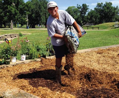 Jaxon Bell spreads mulch in a once overgrown flowerbed at Memorial Park on a sunny summer morning. The work was part of a project initiated and seen to fruition by Bell — made possible by generous donation from local area businesses and other community members.