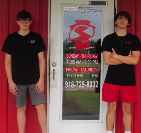 Will Julian, 15 and Brent Hay, 18 stand outside Simple Simons in Drumright. Photo by DeAnna Maddox