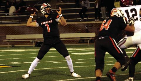 Tiger quarterback Blaze Berlowitz reaches back to throw a pass Saturday in the Class 4A final. Berlowitz threw 54 touchdown passes this season and amassed 3,654 yards of passing. Photo by J.D. Meisner