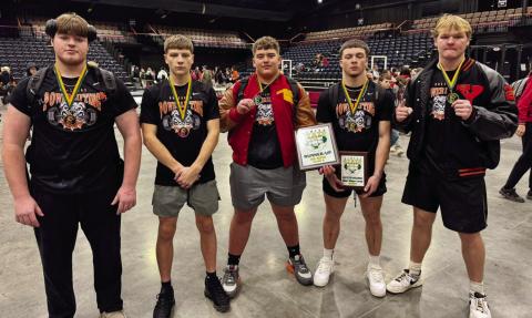 The powerlifting team for Yale High School recently attended the 8-Man State Powerlifting Meet and finished as the State Runners-up. Braiden Hodgett and Lucas Reece were individual champions in their weight classes while Logan Britton placed 2nd, Tanner Moore and Hunter Anson took 3rd, and Cody Whittington finished 6th. Hodgett was also named Most Outstanding Lifter. Pictured from left, Hunter Anson, Tanner Moore, Logan Britton, Braiden Hodgett, Lucas Reece.