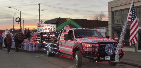 Mills Construction employees dressed as gnomes and walked alongside the trailer and truck pulling The Grinch meisering presents during the Cushing Chamber’s “Gnome Place like Cushing for Christmas” themed parade on Dec. 10. The group went home with second in the walking category.