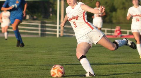 Cushing Lady Tiger Whitney Wood strikes the ball towards the net during the 2023 OSSAA class 4A soccer playoffs vs Oklahoma Christian School in Edmond. Lady Tigers lost to the Saints 6-0. Photo by Allie Prater.