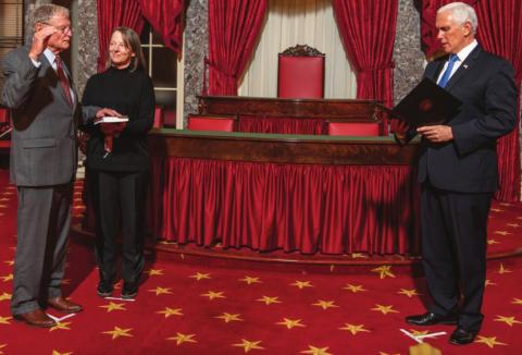 Right: Senator Jim Inhofe is sworn in for the 117th congress, accompanied by his daughter, Molly Rapert.