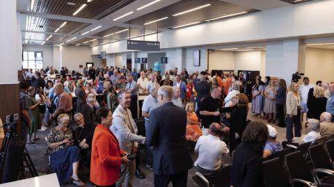 People gather to celebrate the grand opening of the new terminal at Stillwater Regional Airport Wednesday, Aug.19. Photo by Eric Priddy.