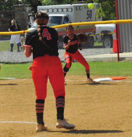 Pitcher Katy Jones makes a throw to Morgan Franklin at first.