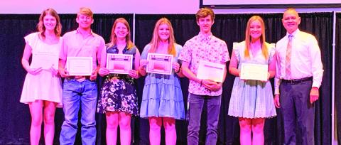 The Ripley Former Students and Teachers Organization recently awarded $1200 scholarships to six 2022 Ripley High School seniors. Recipients are from left: Marlee Lowe - Chuck McKnight Memorial Award; Karsten Spiva - Bruce Blakley Memorial Award; Ashlynn Huston - RFST Award; Harli Cundiff - RFST Award; Jesse Morris - Bob Mitchell Memorial Award; and Kailee Harting - Margaret Williamson Memorial Award. Presenting the awards was RFST President Bobby Simma.