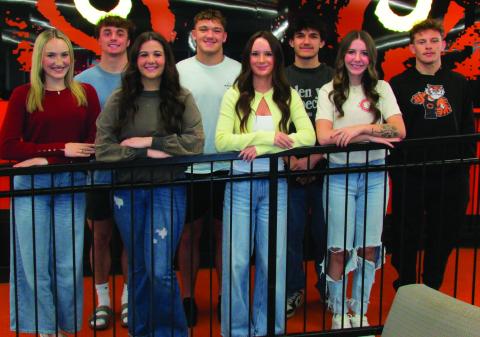 Pictured is the 2026 Cushing High School wrestling homecoming royalty. Top, from left is Bryce Ward, Kellen Fry, Brennon Ragan, Cash Stapleton. Bottom, from left is Emery Turner, Abby Cearley, Mattie Jones, and Laramie McCoy. Homecoming was Tuesday night where Ward and McCoy were named homecoming king and queen. See coronation ceremony photos in next week’s edition of the Cushing Citizen.