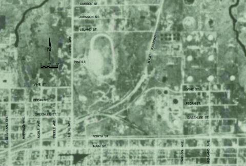 Aerial photo depicting Cushing Speedway from 1938.
