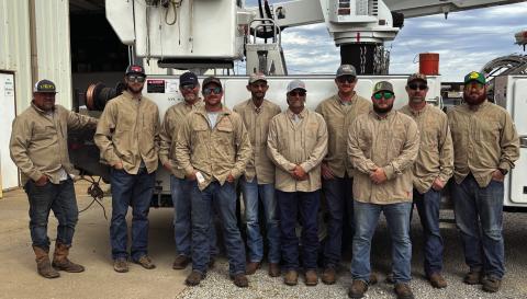 Electric Distribution from left to right: Vilas Robinson, Brandon Harris, Doug Biswell, Josh Moore, Dub Hargrove, Travis Oakes, Sam Ryhmer, Seth Campbell, Dewayne Abbott, and Brendon Campbell.