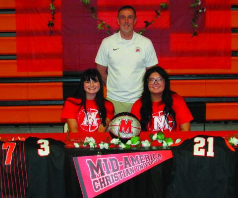 MACU Representative Scott Morris stands with Rylie Pendergraff and Jaylee Thomas following their signing ceremony held on May 12. Photos by DeAnna Maddox