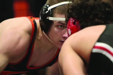 Darren Stewart sizes up his opponent on Saturday at the Cushing Field House.