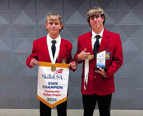 A Central Tech team earned first place during the 2026 Oklahoma State SkillsUSA competition with their Community Action Project recently. Pictured are team-members Peyton Sims from Mannford and Cayden Lewis from Yale. The team will now move on to compete at the National SkillsUSA contest in Atlanta, GA the week of June 1-5