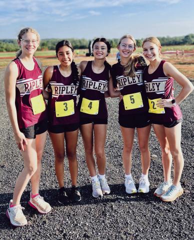 Ripley High School Cross Country girls team coached by Nancy Scott finished 5th in the Henryetta Class 2A Regional and qualified for the State Cross Country Meet to be held Saturday, Oct. 28 at Edmond Santa Fe High School. Pictured from left: Matilda Finch, Jashia Ferretiz, Myiah Forte, Callie Hammond, and Madison Chesley.