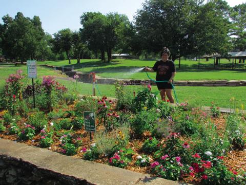 Lauren Lopez was at Memorial Park last week to keep her son’s Keep Oklahoma Beautiful project well watered. The pollinator habitat has been a high priority for Jaxon Bell but with him returning to school and additional extra curricular activities Lauren said she wanted to ensure it was kept up with so that the area can maintain its already active pollinator population. Photo by DeAnna Maddox