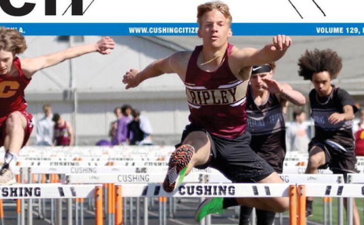 Ripley Warrior senior Mark Lunsford jumps over the last hurdle in the boys 800m hurdles at the Cushing Crossroads relay, Thursday, March 28. Photo by Allie Prater.