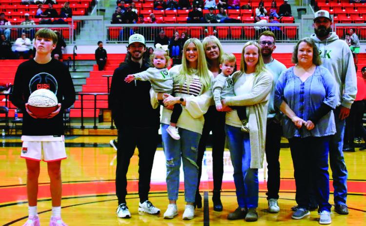 For their contributions to Cushing High School athletics,— most recently the fieldhouse scoreboard project, Joe and Kay Smith and family were recognized between games during last Friday’s homecoming. They are: Children Sharon Kerr and Patricia Niccum; grandchildren Ashley and Josh Thomas, Konnor and Caleb Lanker and Kris Niccum; great-grandchildren Casey Thomes, Haile Lanker and Boone Niccum.
