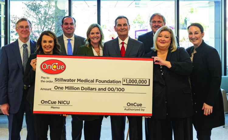 On Monday, December 19, Stillwater Medical Center announced that it had received a $1 million donation from On Cue to help fund a Neonatal Intensive Care Unit at its Stillwater Hospital. Pictured from left are Steve James, On Cue President Laura Aufleger, Tommy Shreffler, Denise Webber, Jim Griffith, Bob Palmer, Lisa Thomas and Stillwater Medical Center Foundation Executive Director Michal Shaw.