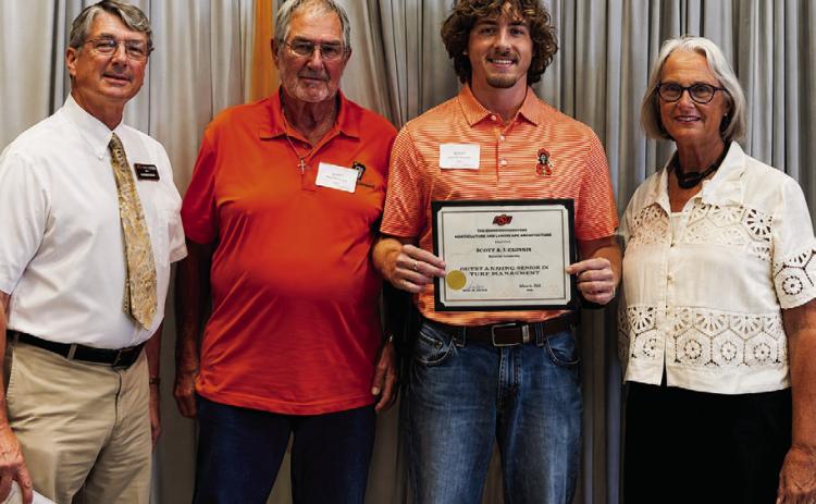 Kolten Huschen of Piedmont was presented the Scott A. McGinnis Memorial Scholarship by McGinnis’ parents, Ray and Tricia McGinnis of Cushing, during an Aug. 22 ceremony hosted by Oklahoma State University’s Department of Horticulture and Landscape Architecture. McGinnis, a 1997 Cushing High School graduate, discovered his passion for turf management while playing high school baseball and graduated from OSU in 2001.