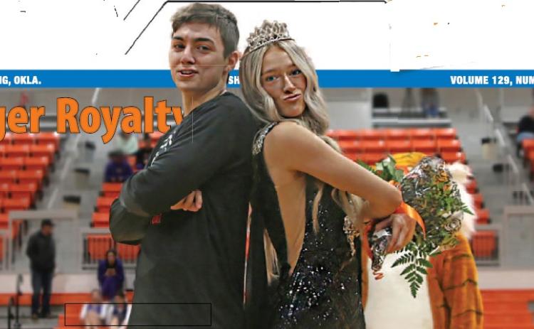 Cushing Highschool Basketball 2024 Homecoming King Johnny Hilligoss and Queen Kaitlynn Callanan strike a pose after after the coronation ceremony held Friday, Jan. 26. Photo by Amber Fausto.