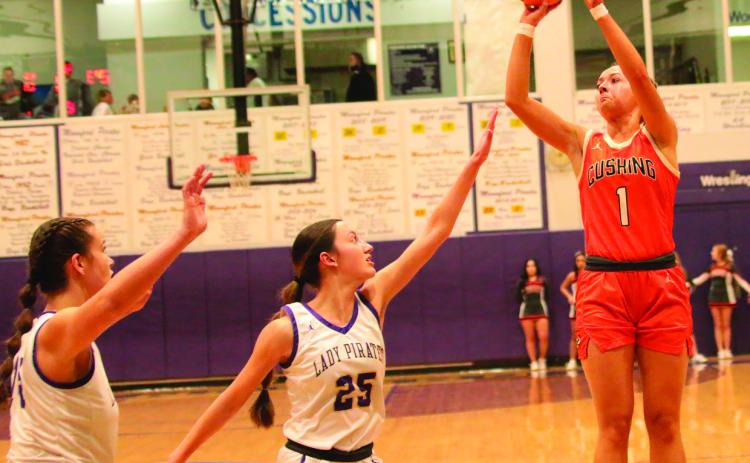 Kinsley Williams had 16 points, five rebounds, an assist, a deflection, two steals and a blocked shot against the Mannford lady Pirates Saturday. Photo by J. D. Meisner