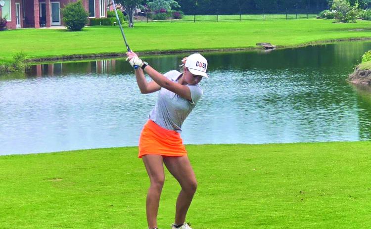 Cushing Lady Tiger Senior Katelynn Powell drives to the green during the OSSAA Class 4A Girls State Golf Tournament in Shawnee.