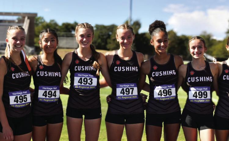The Cushing Lady Tigers qualified for the OSSAA State Cross Country Championships last Saturday. They are from left, Head Coach Isaac Horton, Macie Townes, Yohali Medrano, Harli York, Emory Eyeler, Ava Roberson, Brylee Perry, Kendal Kelley and Assistant Coach Jessica Potter. Photo by Sarah Townes