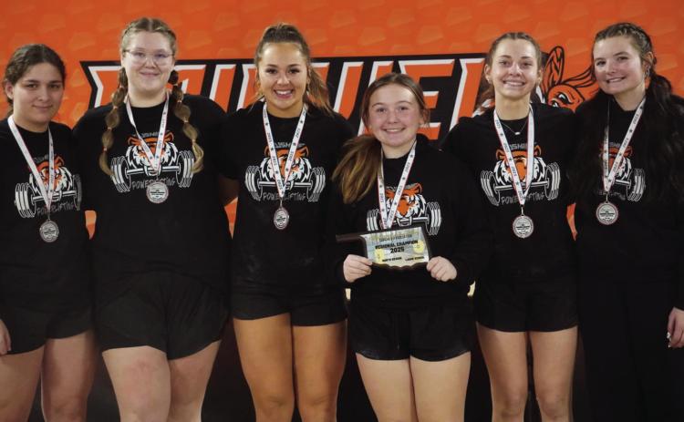 The Cushing Lady Tigers Powerlifting team competed in regionals on Monday, Feb. 25 in Fairview. They were named overall 2025 North Region Team Champions. Pictured are the high school athletes who placed and qualified for state in their weight classes — Matti Terrell earned 2nd, Zoie Ledgerwood earned 1st, Avalee Lidberg earned 4th, Faith Kessler earned 2nd, Averi Harper earned 2nd, and Avery Dooley earned 1st.