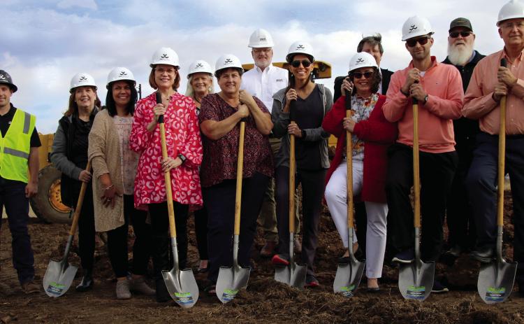 Cushing Public Schools officials and architects broke ground Monday, officially kicking off construction of the $56.4 million Cushing Elementary School at Highland and Ninth Streets in Cushing. Present at the ceremony were Martha Cackler, Nancy Dowell, Superintendent Melissa Amon, school board members Barrett Shupe, Brina Tate, Shawn Hubble, and Dena Floyd, Economic Development Director Bruce Johnson, Sally Wright and Chris Hubbard.