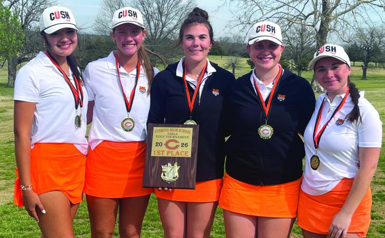 The Cushing Lady Tigers golf team stand together holding their first place plaque following the Lady Tigers home invitational Monday, March 23 at Buffalo Rock Golf Course and Event Venue. Pictured from left, Addisyn Fields, Brinlee Bickell, Gracyn Presley, Ayla Britt, and Ashlyn Floyd. The Lady Tigers had three top 10 finishers and are now ranked No. 10. See inside for more. Photo by Dena Floyd.