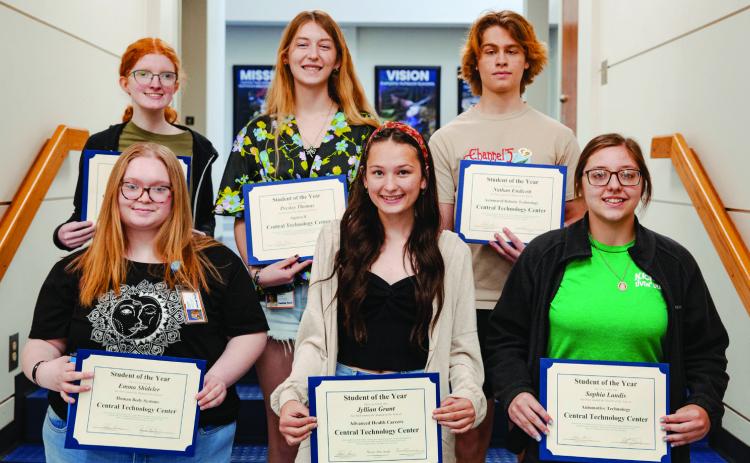 Congratulations Central Tech Students of the Year, Drumright campus morning students. (L to R) Rebekah Beasley, Pre-Engineering, Cushing; Presley Thomas, Algebra II, Ripley; Nathan Endicott, Automated Robotic Technology, Cushing; Emma Shideler, Human Body Systems, Cushing; Jyllian Grant, Advanced Health Careers, Cushing; Sophia Landis, Automotive Technology, Cushing.