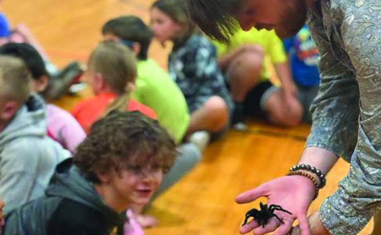 Cushing Elementary student Griffin Moore is awestruck by a spider that was brought out during the event for the BUGG Club recently.