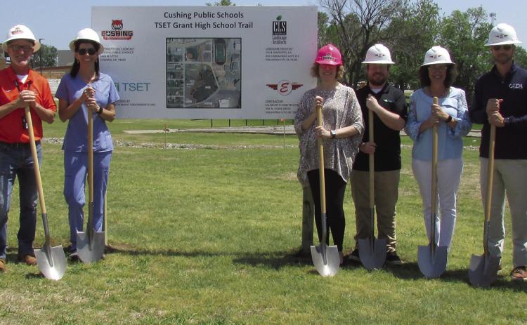 Leadership from Cushing Public Schools, the City of Cushing, TSET, and Ellsworth Construction met on April 30 to officially break ground on Phase I of the Tiger Trail. The TSET grant-funded, city-partnered Tiger Trail will be completed in three phases each estimated to take three months with a completion time scheduled for December of 2025. Photo by DeAnna Maddox