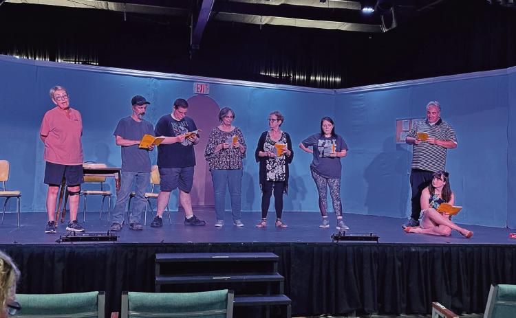 The Cushing Community Theatre holds an early rehearsal in preparation of the upcoming play “Southern Fried Funeral” which will be playing Sept. 29-30, Oct. 1, and Oct. 8-10. Pictured from left are Brenda Stone, John Alcorn, Jake Wolff, Pam Music, Shelly Gorman, Trish Fuss, Director Don Amon, and Krystal Hutchko. Cast members not pictured are Ethan Hawke, Christina Morrill, Dawson Claxton, and Brett Anderson.