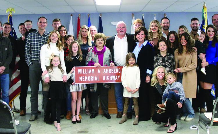 Four generations of Ahrbergs stand together at the highway dedication ceremony held at the Cushing American Legion Hall. Two miles of State Highway 33 from SH-18 North were dedicated Col. William A. Ahrberg on Saturday, Nov. 18. Photo by Allie Prater