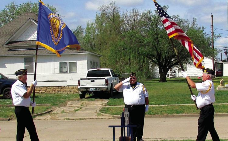 The color guard posted the American Legion and United States flag side by side at the commencement of the commemoration event that was hosted by Post 108 this past Saturday on March 29. Photo by DeAnna Maddox