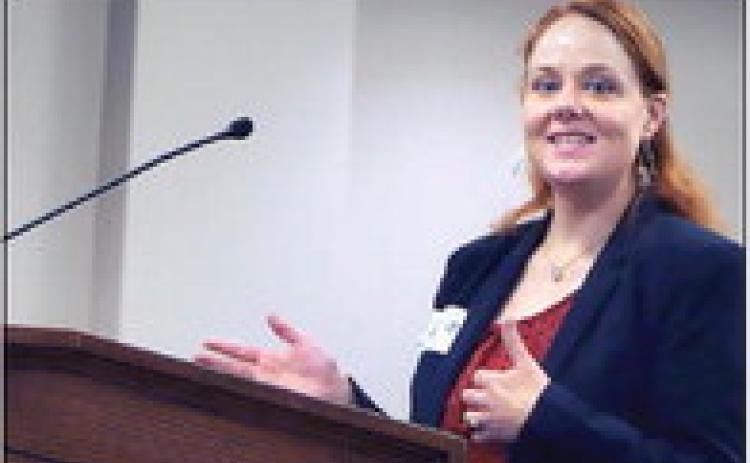 Cushing High School Science instructor Dr. Jessica Sigle presents the use of funds plan to the OAC members on Aug. 9. According to district officials, Sigle was the spearhead behind getting the OAC funding allowing the aeronautics elective to take off at Cushing High School.