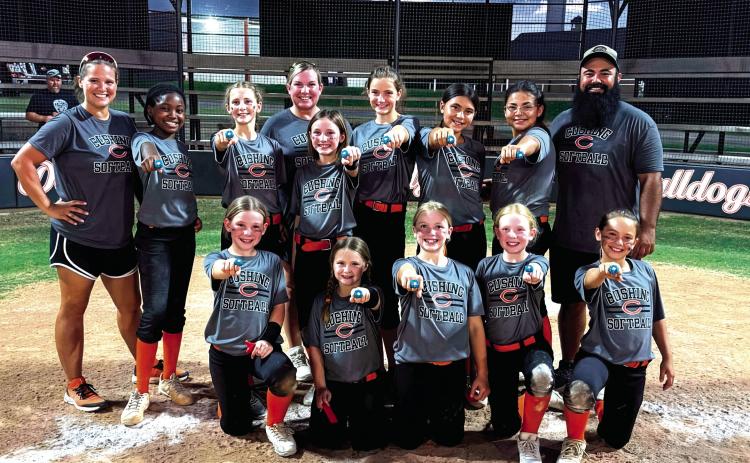 The 10U Cushing Lady Tigers finished 8-1 during league play and battled hard in the championship game, falling just short in a thrilling 3-4 contest to earn runner-up honors. They are, back row from left, Coach Leah Encinas, Riah Jackson, Harper Mitchell, Coach Lindsay Morgan, Saylor Dietz, Lily Vann, Collins Chavez, Valeria Cruz and coach Josh Encinas. Front row from left, Brynlee Morgan, Avery Grigg, Savy Martin, Nora Thomas and Khloe Encinas.