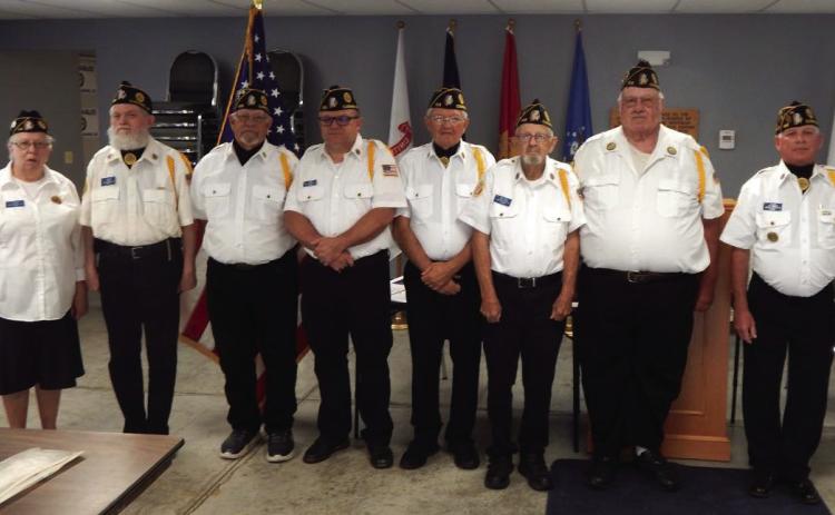 The American Legion Post 108 recently named new officers for the 2025-26 term. They are from left, Evelyn Ferchau, Historian; Delwyn Mayo, Chaplain; Tim Potter, Sergeant at Arms; Sean Martin, Adjutant; Don Tyson, Second Vice Commander; Robert Howell, Finance Officer; Leon Sullivan, Vice Commander and G. W. Davis, Commander.