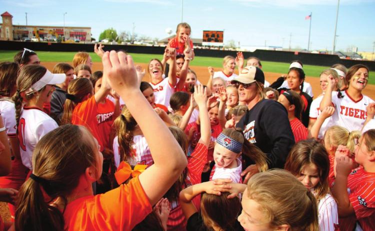 It was youth day last Thursday at the Lady Tiger Softball field and Lady Tiger Head Coach Nikki York brought all the girls together on the field for a pre-game breakout. Photos by Allie Prater.