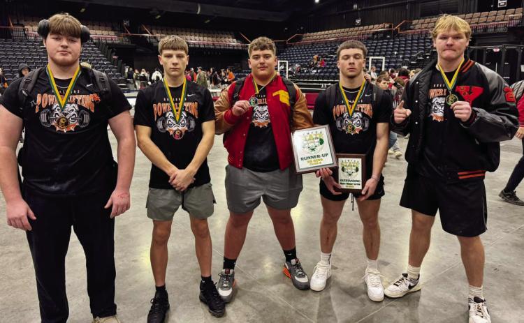 The powerlifting team for Yale High School recently attended the 8-Man State Powerlifting Meet and finished as the State Runners-up. Braiden Hodgett and Lucas Reece were individual champions in their weight classes while Logan Britton placed 2nd, Tanner Moore and Hunter Anson took 3rd, and Cody Whittington finished 6th. Hodgett was also named Most Outstanding Lifter. Pictured from left, Hunter Anson, Tanner Moore, Logan Britton, Braiden Hodgett, Lucas Reece.