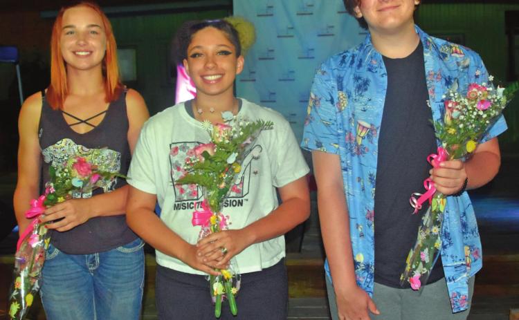 Aubrey Merrell, Aubri Crumpton and Dawson Claxton were the top three youth performers in Red Carpet Karaoke earlier this month. Crumpton placed fi rst, Claxton took second place and Merrill was third.