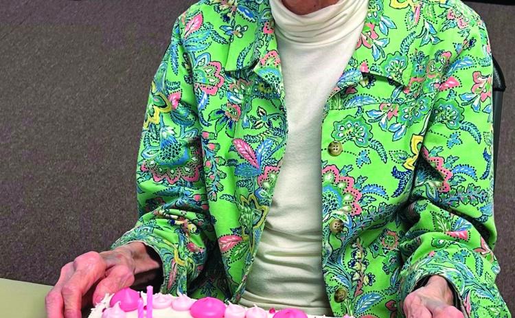 Hazel Cusac recently celebrated her 104th Birthday at the Cushing Senior Citizens Center. Here she is pictured with her cake. She enjoys coming to the Senior Center every week to play bridge.