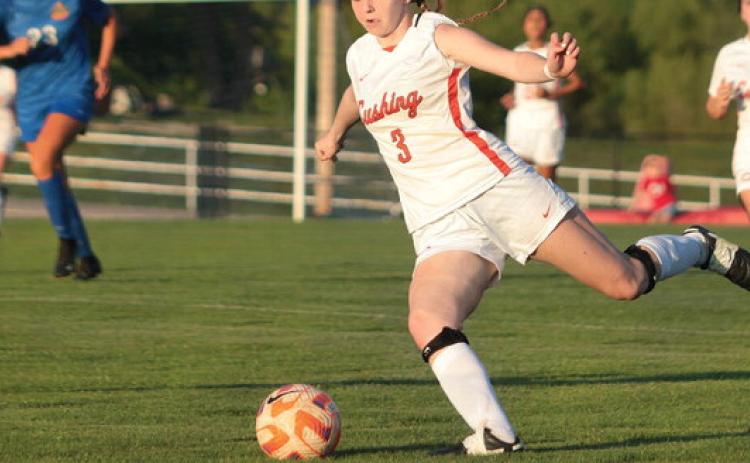 Cushing Lady Tiger Whitney Wood strikes the ball towards the net during the 2023 OSSAA class 4A soccer playoffs vs Oklahoma Christian School in Edmond. Lady Tigers lost to the Saints 6-0. Photo by Allie Prater.